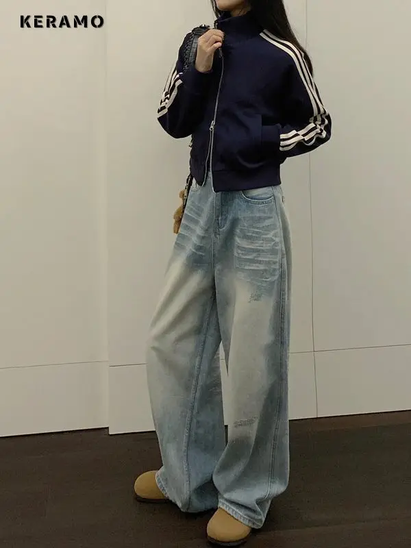 Femmes décontracté rétro Y2K 2000s lavé bleu pantalon bleu pleine longueur Baggy Emo Denim pantalon Safari Style coupe ample jean droit