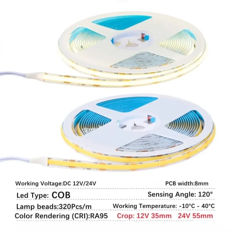 DC12V 24V Flexible LED Tape 0.5‑5M COB LED Strip Light 320LEDs/m 9Colors Cabinet Background Lighting Home Room Decor