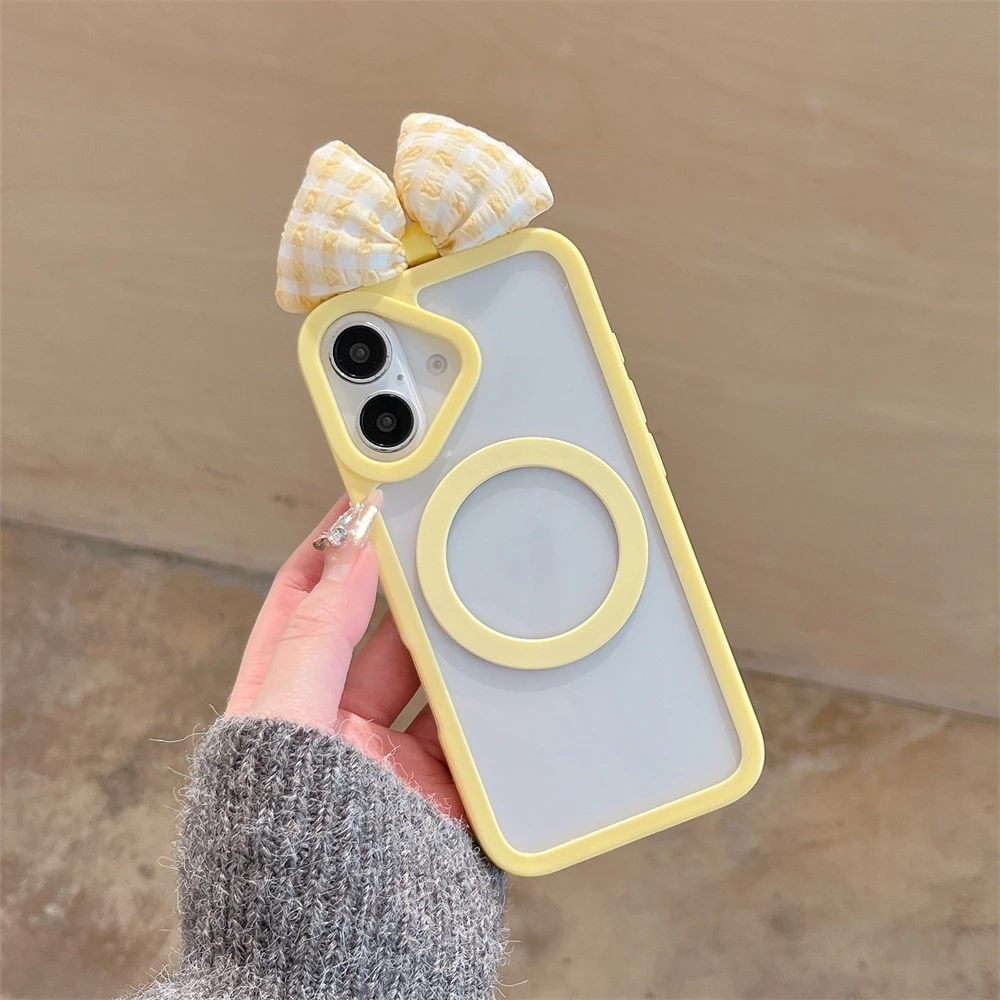 Magnetic Luxury Transparent Acrylic Phone Case For iPhone 16 14 11 13 12 15 Pro Max For Magsafe Wireless Charge Bowknot Cover