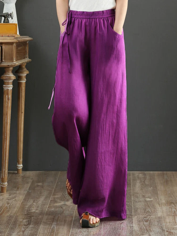 Pantaloni estivi a gamba larga in cotone e lino sottile da donna Pantaloni casual drappeggiati larghi a taglio dritto Pantaloni lunghi a vita alta per pendolari Sle