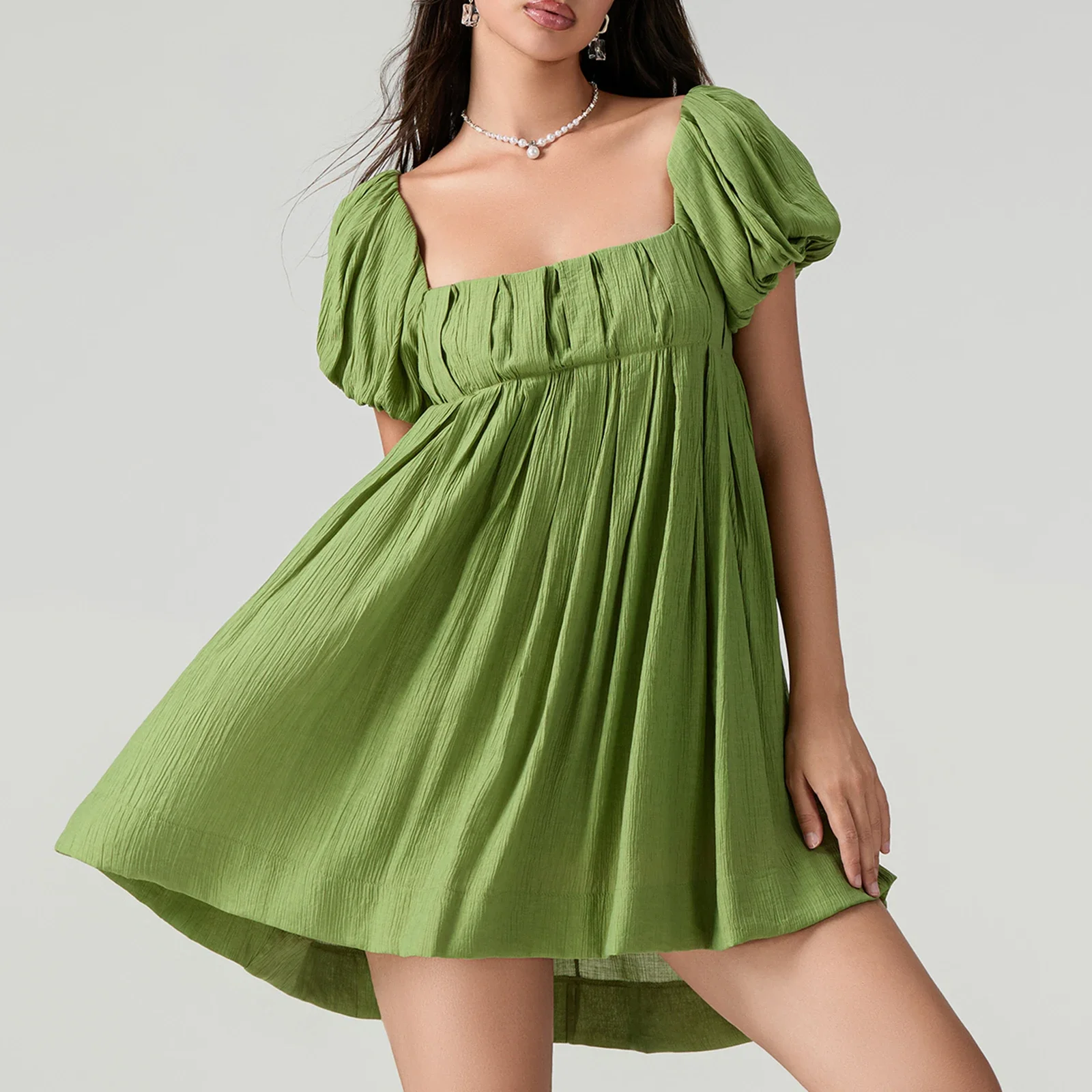 

Thorn Tree Square Neck Kawaii Pleated Mini Dress for Women Fashion Puff Sleeve Casual A Line Short Dress Backless Beach Sundress