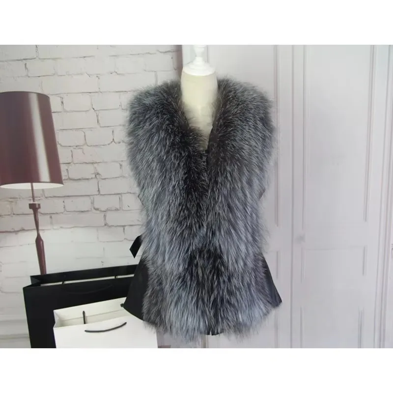 سترة فرو الثعلب الفضي سترة فرو حقيقي مع جلد النساء الشتاء الثعلب الفراء جيليه موضة جديدة الملابس النسائية الفاخرة