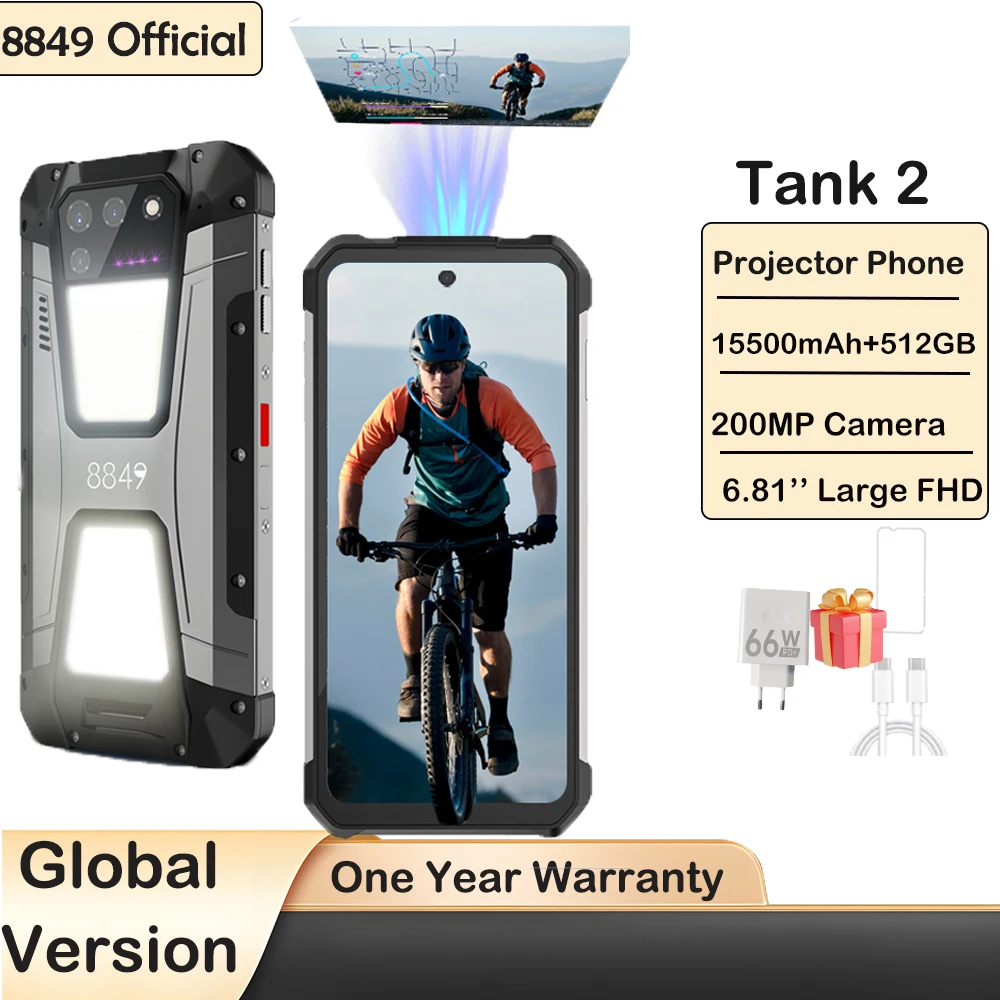 In Stock 8849 Tank 2 by Unihertz Projector Rugged Smartphone 22GB 256GB Cellphone 108MP G99 Night Vision IP68 Mobile Phone