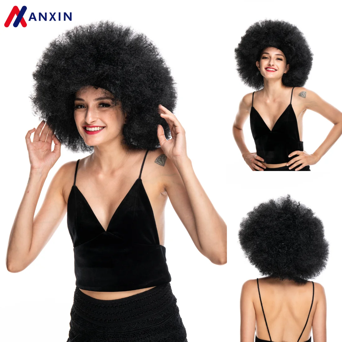 Afro palhaço cosplay perucas para mulheres preto boné grande topo fãs de futebol perucas halloween adultos unisex cabelo sintético preto encaracolado