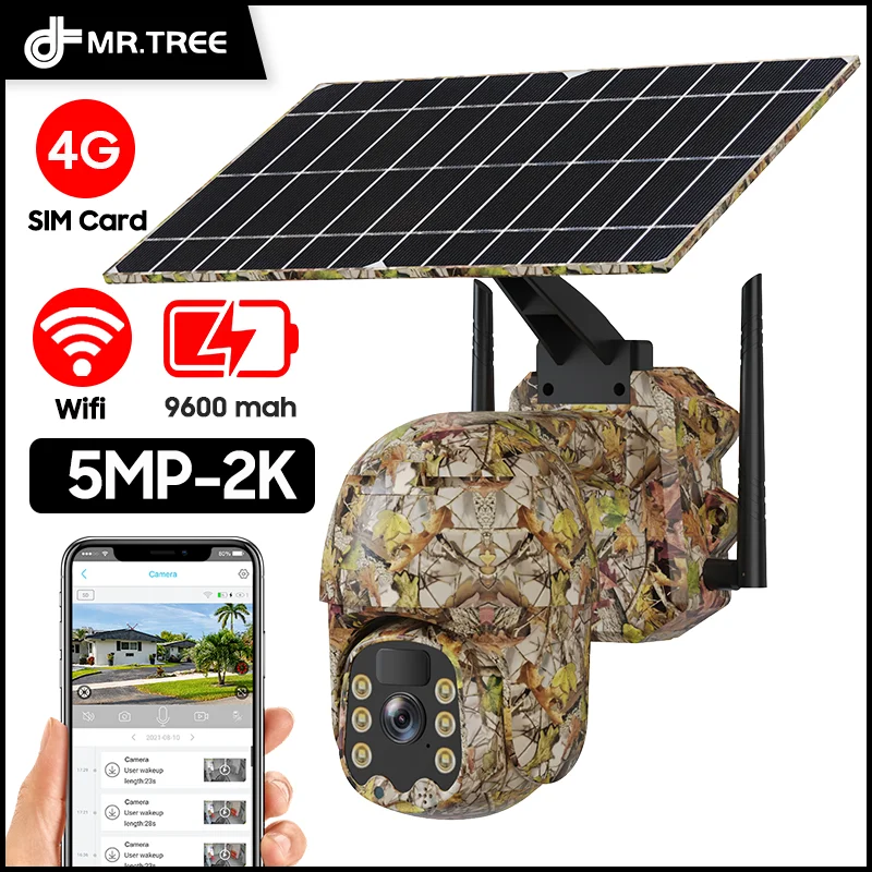 5MP 4G SIM  Solar Hunting PTZ Cameras Outdoor Waterproof 2K Wireless WiFi Night Vision PIR Motion Activated Wildlife CCTV IP Cam