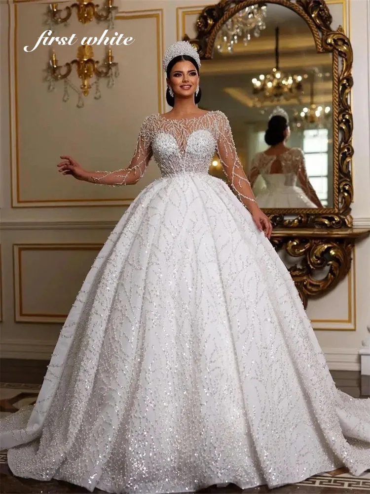 고급스러운 비즈 웨딩 드레스 로맨틱 맞춤형 우아한 긴 소매 신부 드레스 바닥 길이 드레스 베스티도스 데 노비아