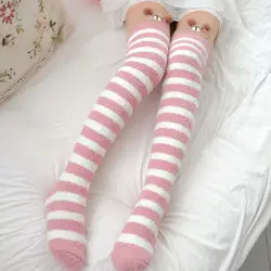 Kawaii Japanese Animal Printed Knee Socks Striped Cute Lovely Long Thigh High Socks  Winter Warm Medias Stockings