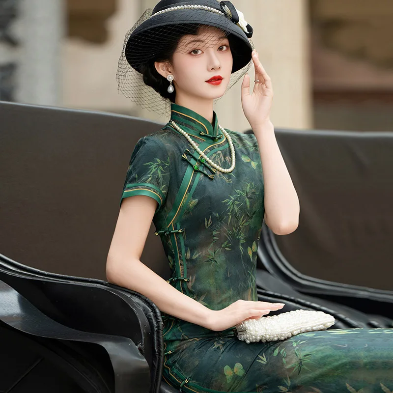 Elegant Women Chinese Tradition Style Satin Cheongsam New Improved Female Mandarin Collar Green Qipao Short Sleeve Dress