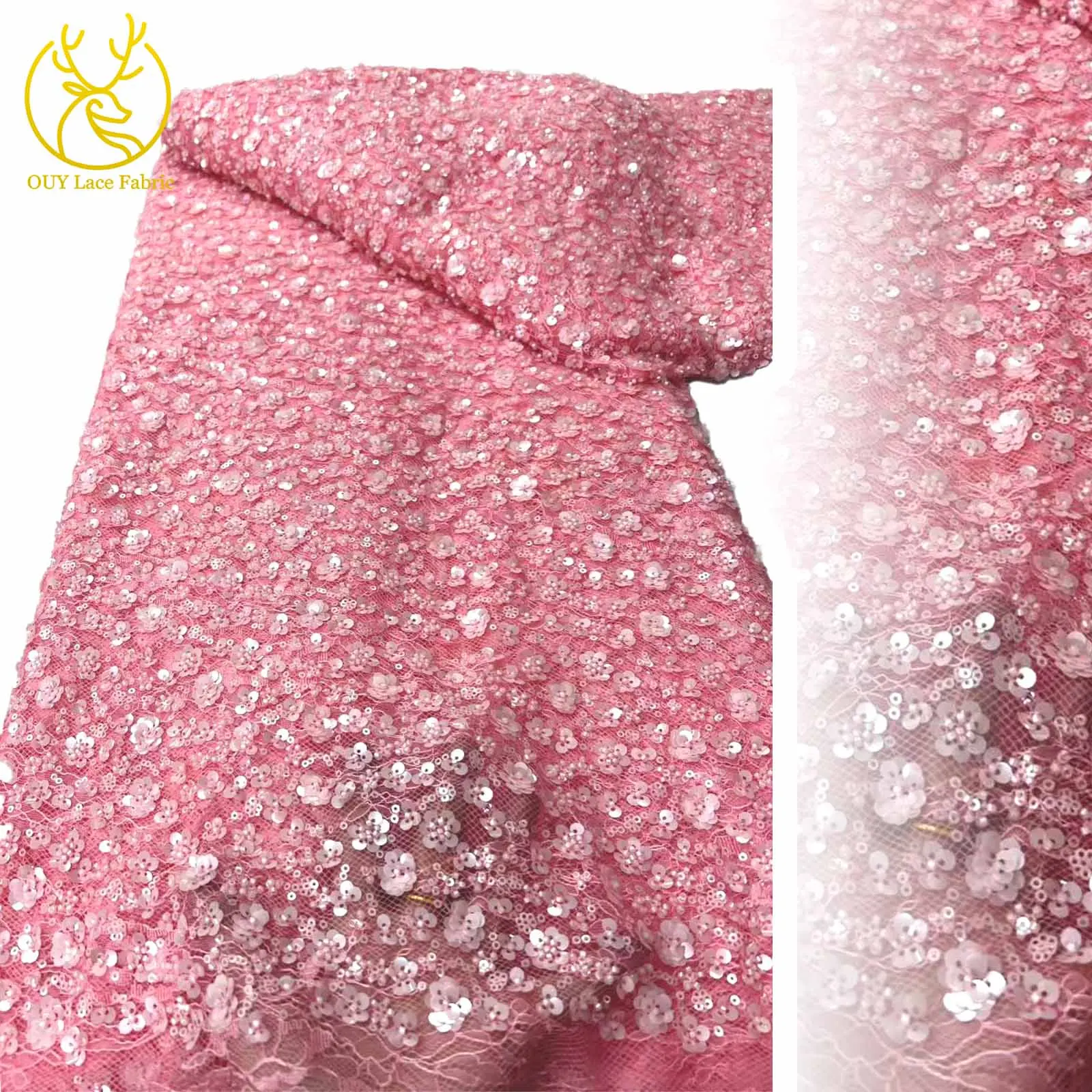 

2025 African Nigerian Sequins Embroidered Flower Lace Fabric French Beaded Lace Mesh Fabric for Women Party Dress Sewing 5 Yards