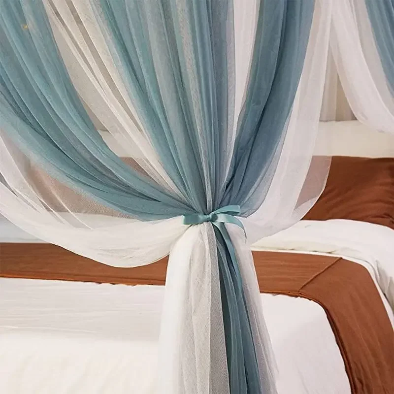 Canopy Bed Curtains for Girls Blue and White Cozy Drape Netting 4 Openings Mosquito Net Bedroom Decoration Accessories