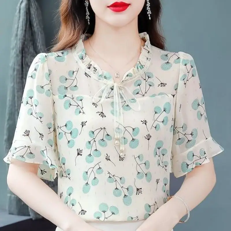 Women Summer Fashion Elegant Loose Printing O-neck Short Sleeve Chiffon Shirts Women Clothes Casual All-match Appear Thin Tops