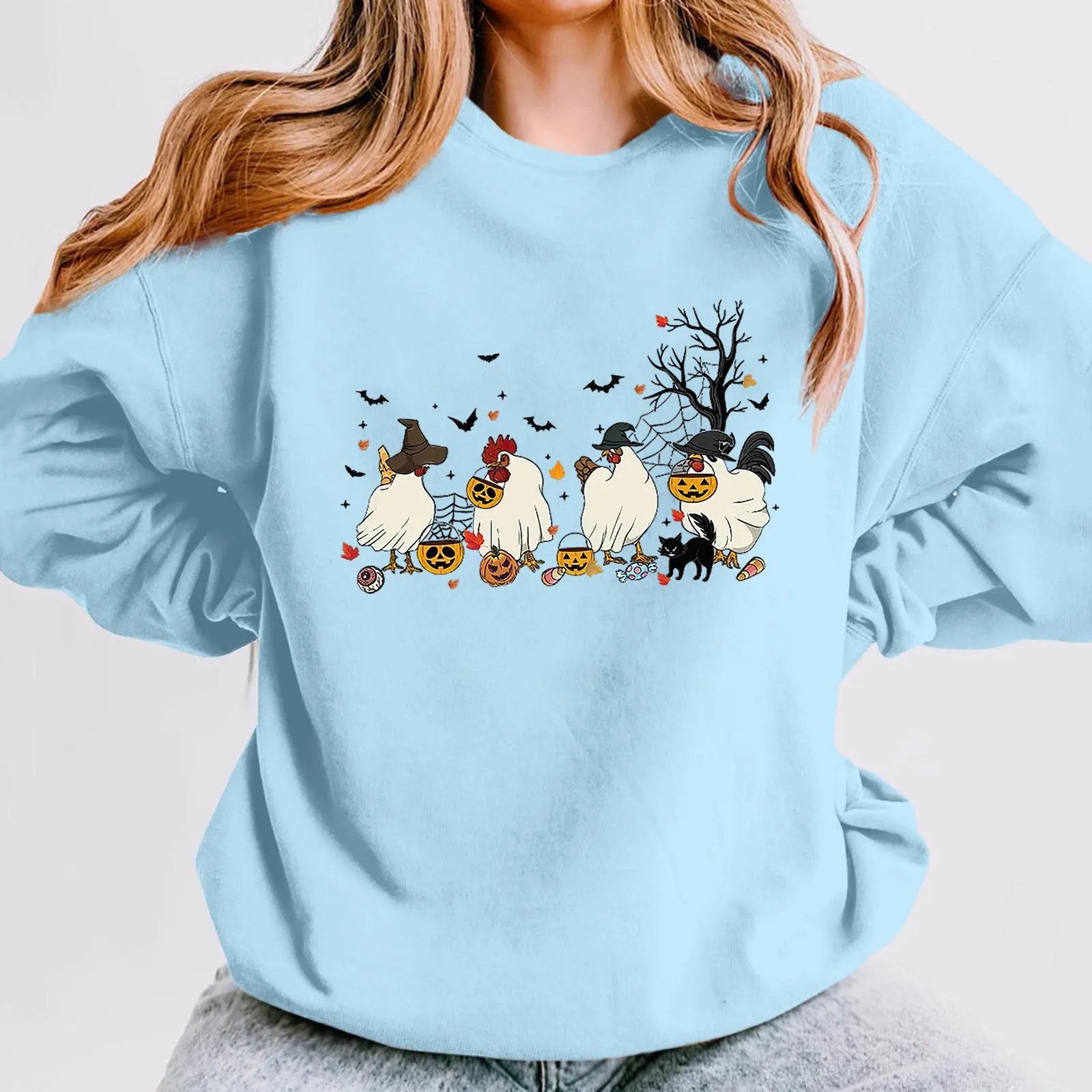 

2024 Halloween Printing Crew Neck Hoodies Sweatshirts Women's Vintage Preppy Style Round Neck Sweatshirt Unique Streetwear