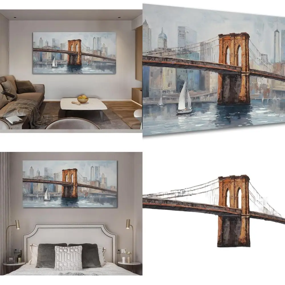 

Картина на холсте Brooklyn Bridge, городской пейзаж Grey Skyline для домашнего декора, 40x20