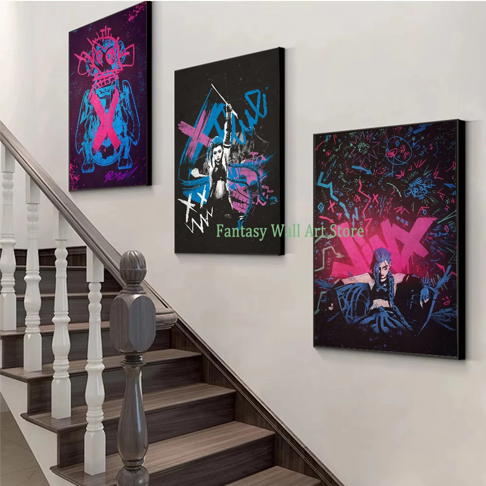 Arcane Season 2 Jinx VI Graffiti Poster Caitlyn Jayce Viktor Character Poster Arcane TV Series Wall Decor Canvas Aesthetic Print