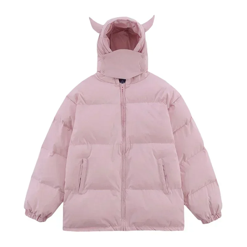 Devil Horn Hooded Puffer Jacket Winter Women Zip Up Long Sleeve Quilted Coat Tops Soft Warm Clothes Outwear Streetwear