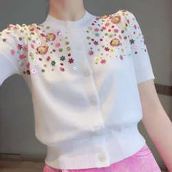 Cropped Beaded Cardigan for Women, Round Neck, Single Breasted, Puff Sleeve, Crop Top Shirts, Summer, 2024