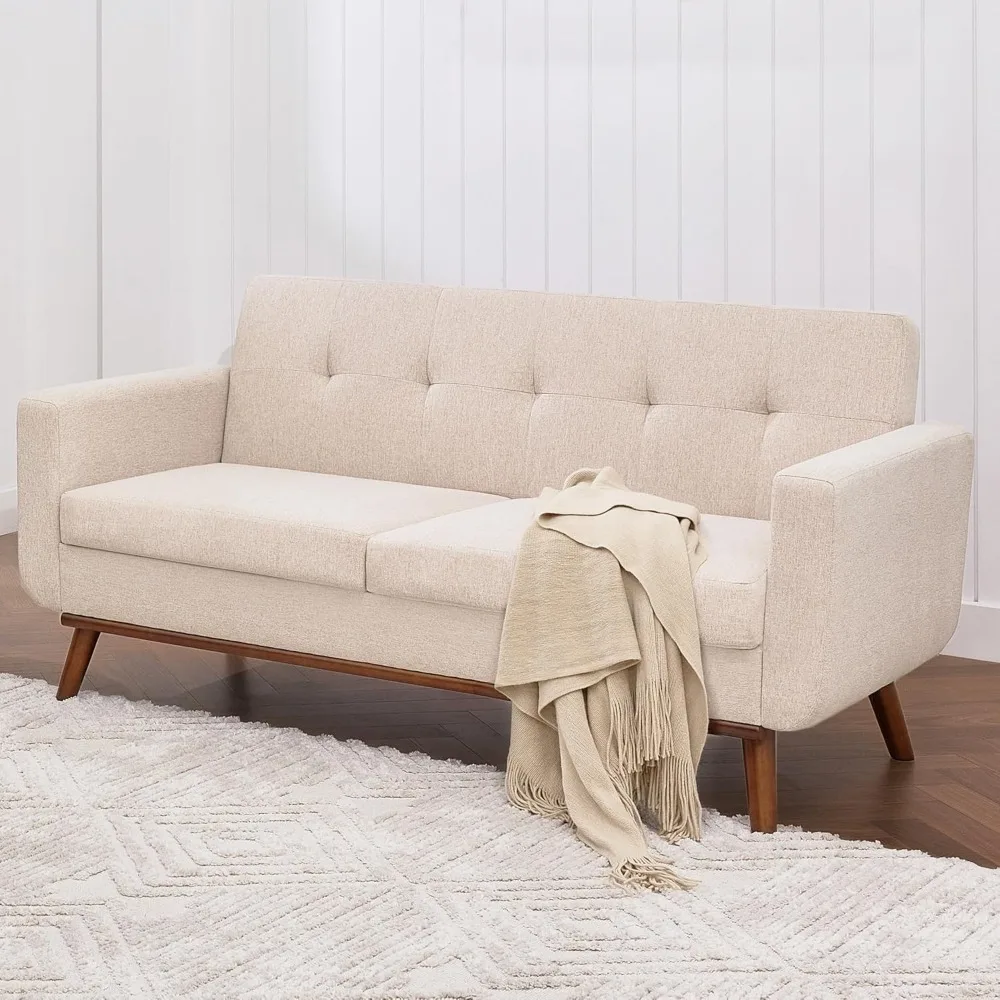 Two-seater, 65 inch wide mid-century modern two-seater sofa, small sofa with button tufted in bedroom, oatmeal