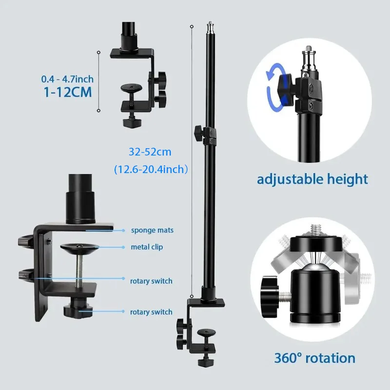 Desk Mount Stand DSLR Camera C Clamp Light Stand Photographic Light Boom Stand With Ball Head for Phone Video Ring Light Zoom