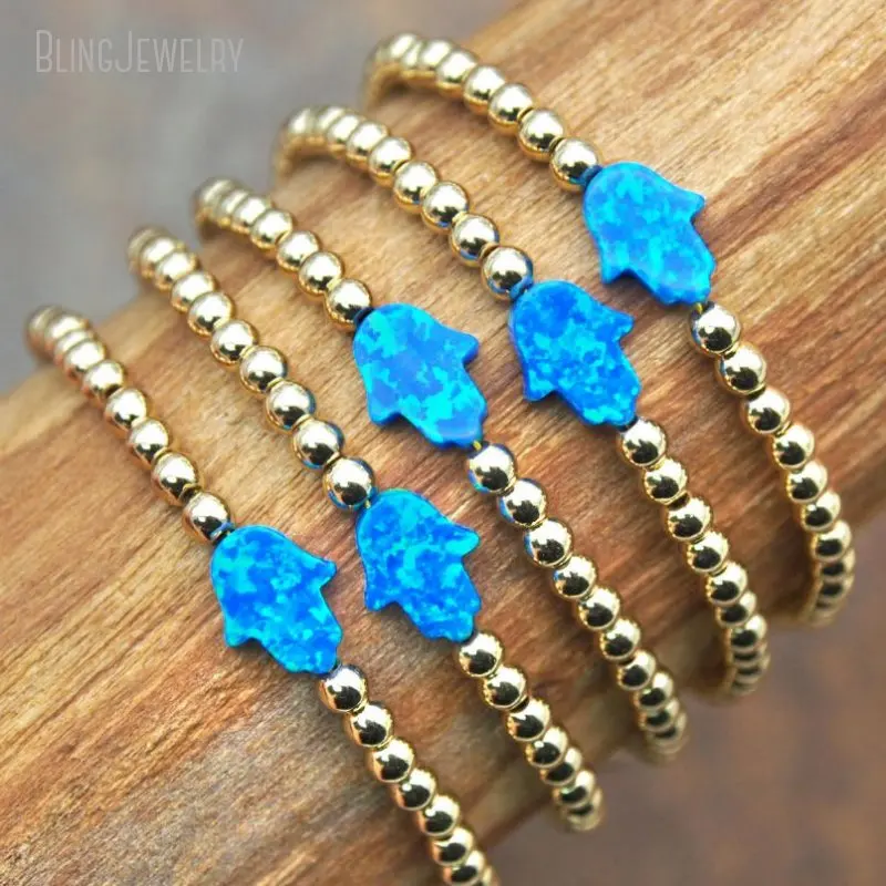 10pcs K Gold Color Dainty Stack Steel Beaded Ball Stretch Blue Hamsa Opal Bracelet Women Luxury Minimalist Jewelry Gift