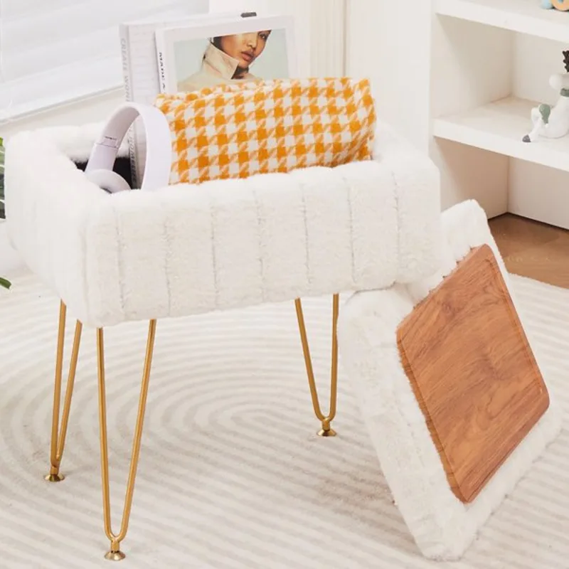 

Fur Storage Ottoman Vanity Stool with Metal Legs Anti-Slip Feet Hidden Storage Makeup Chair Footrest Accent Bench Bedroom Cream