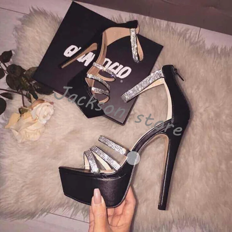 Fashion Super High Heel Ankle Strap Crystal Sandals Platform Stiletto Women's Modern Sandals Back Zipper Sexy Wedding Shoes