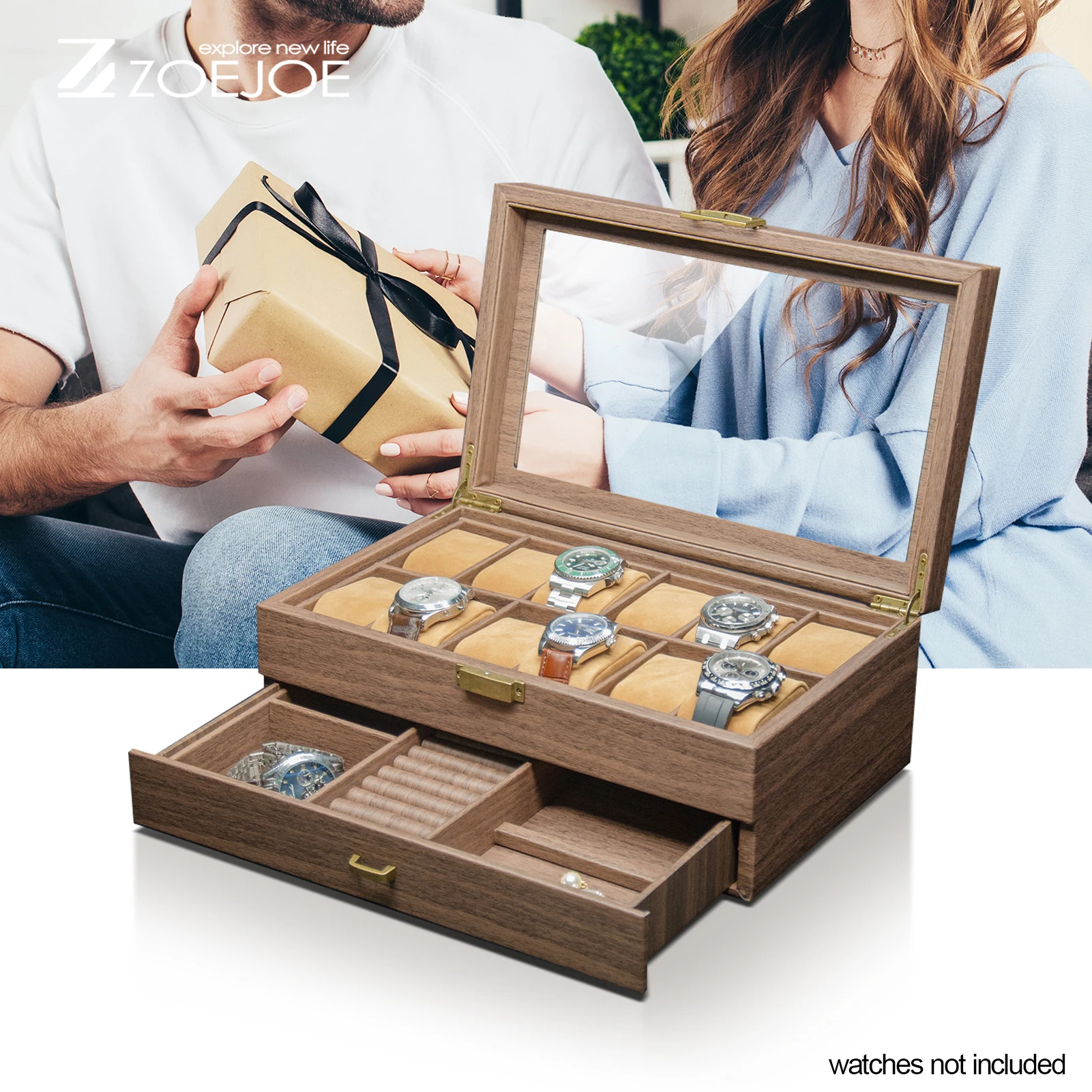 กล่องเก็บอุปกรณ์เสริมนาฬิกาแบบสองชั้น แท่นโชว์เครื่องประดับนาฬิกา หนัง PU 3 สี กล่องใส่สร้อยคอและนาฬิกา ของขวัญวันหยุด