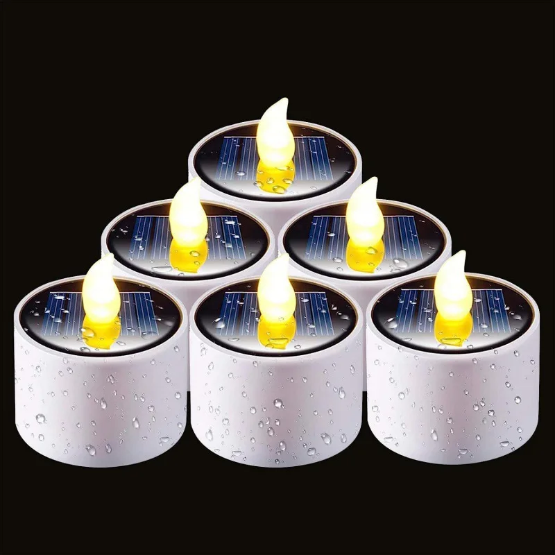 

6-Pack Solar Tea Lights Outdoor Waterproof IP44 - 3 Color Modes (Warm White/Yellow/Cool White Flicker) Flameless Candles