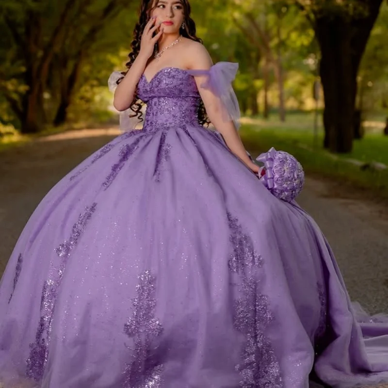 فساتين Quinceanera أرجوانية لامعة مخصصة قبالة الكتف مزين بالترتر كريستال طويل الذيل القوس فيستدو 15 Quinceanera #5