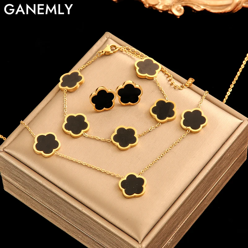 

GANEMLY 316L Stainless Steel Five Leaf Clover Necklace Bracelet Earrings Set Women New Waterproof Personalized Chic Jewelry