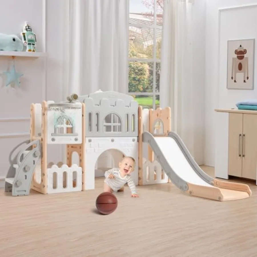 

Indoor playground for kids: pink-gray toddler slide playset with climber tunnel basketball hoop storage space and telescope 8-i