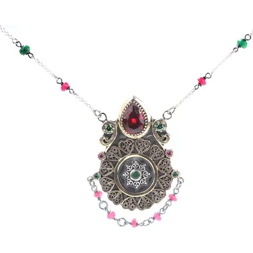 Nusret Jewelry 925 Sterling Silver And Bronze Mix Ruby And Emerald Cubic Zirconia Star Hearts Authentic Necklace