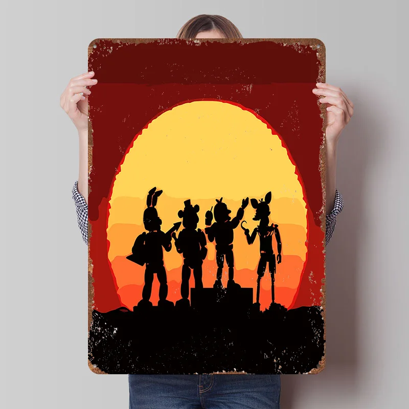 Five Nights At Freddy's Sunset Silhouette Poster Customized Wall Art Vintage Metal Signs Retro Tin Plaque for Man Cave House