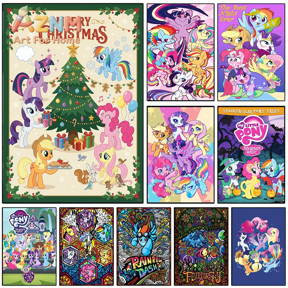 AZNM My Little Pony Holiday Theme Canvas Painting, Frameless Canvas Wall Art, Cartoon Character Wall Painting for Bedroom Livi
