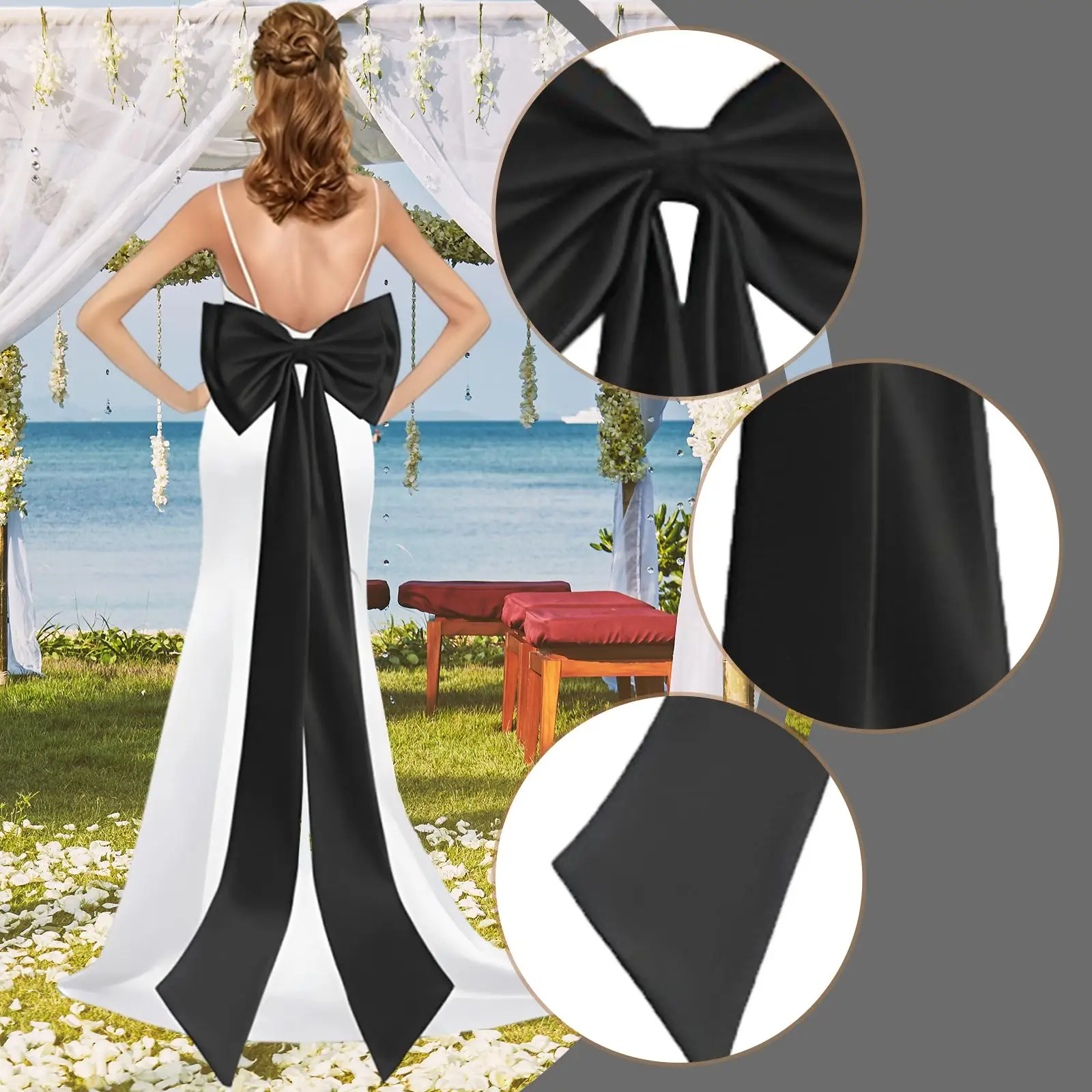 قوس كبير من الساتان قابل للفصل، حزام وشاح خصر كبير قابل للإزالة مع دبوس للرقصات والعروس والمناسبات الرسمية للنساء والفتيات