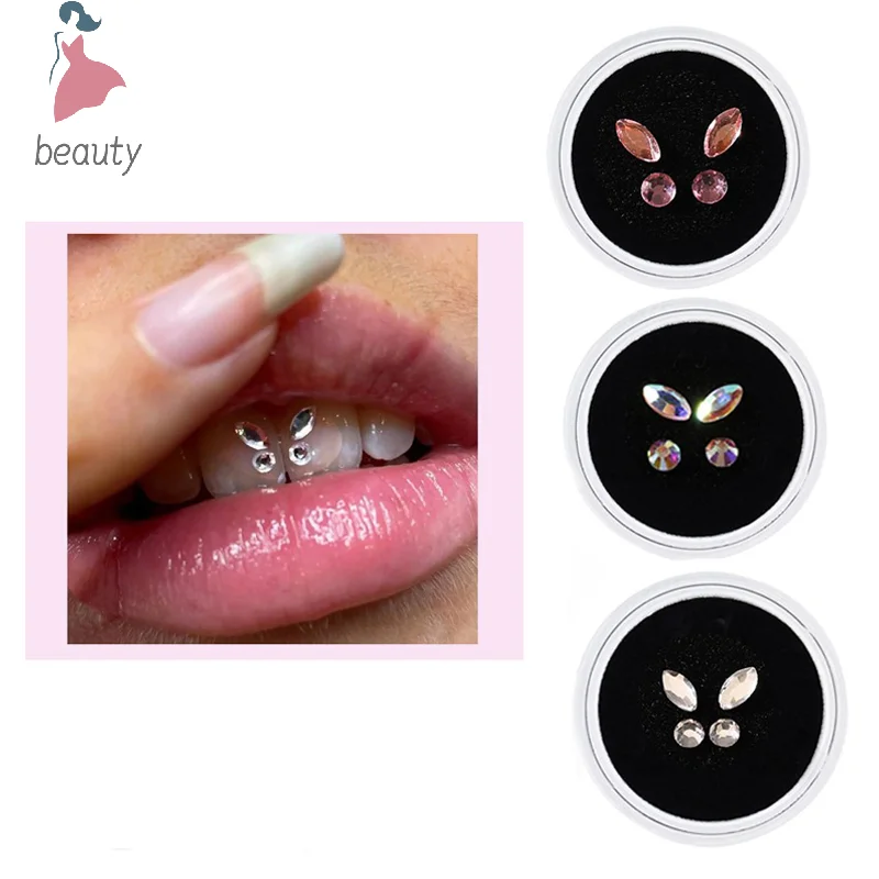 Gemas de cristal para dentadura Dental, adorno de diamante de varias formas, joyería de dientes de Color, acrílico para dentadura, 4 unids/lote por caja