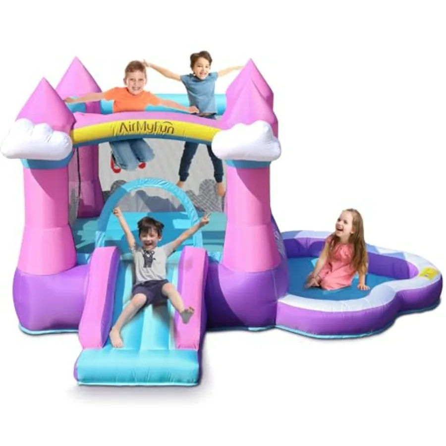 Casa inflable rosa para niños de 3 a 8 años, uso interior/exterior, material de PVC, incluye tobogán, soplador, piscina de pelotas.