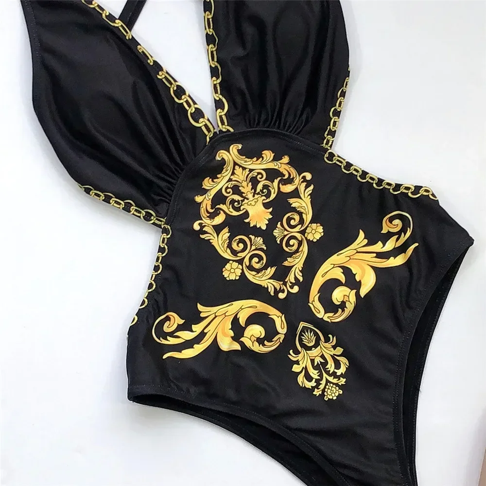 Sexy Black Print Backless Swimwear Woman One Piece Swimsuit 2025 Cut Out Monokini High Leg Cut Bathing Swimming Suit Bathers