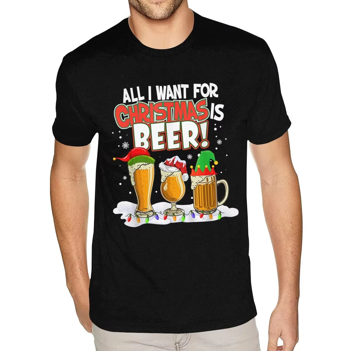 مضحك كل ما أريده لعيد الميلاد هو البيرة قزم قبعة مضحك بيجامة تي شيرت الرجال مخصص قصيرة الأكمام الترا القطن الأسود س الرقبة تي شيرت