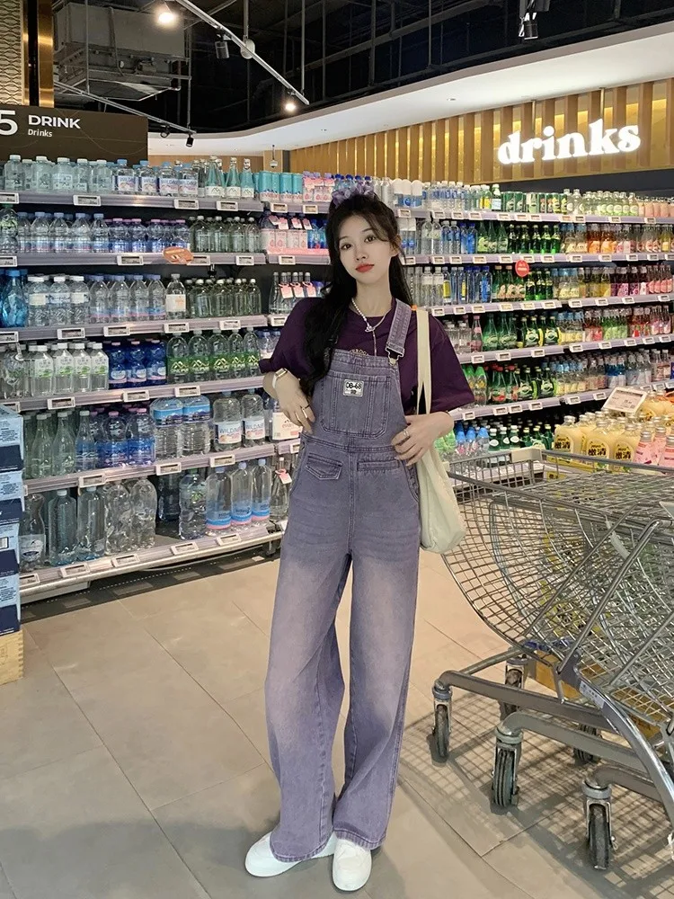 

Retro American Denim Overalls Women's Straight Leg Loose Wide Leg Purple Jeans Couples Matching Long Pants Spring Season