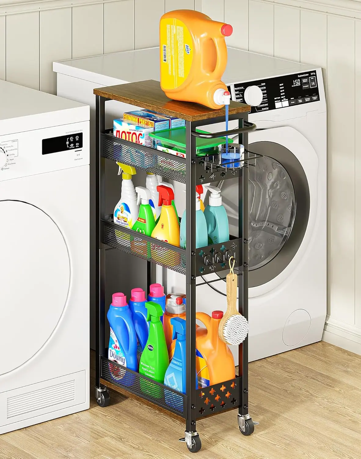 

4-уровневая тонкая тележка для хранения на колесиках с деревянной столешницей для организации пространства в ванной, кухне, прачечной и небольших помещениях