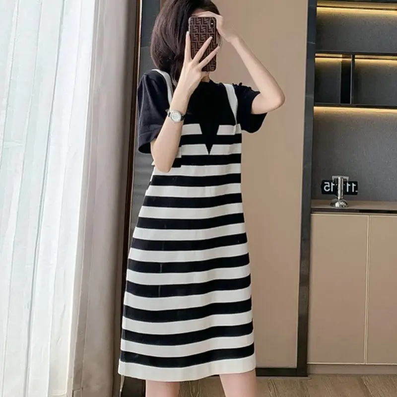 Commute Fake Two Pieces Dresses Female Clothing Korean Striped Spliced Loose Summer Short Sleeve Casual Round Neck Midi Dress