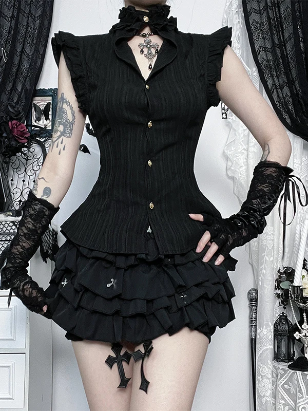 Wannathis Gothic Sle Bla ort Sve Puffy Rok irt Y2K Top voor Trendy Meisjes Halloween Kostuum Polyester Vezel Slim Fit