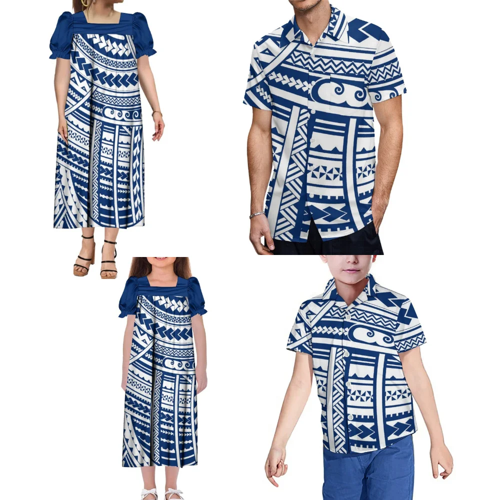 Pacific Island manica a sbuffo donna ragazze MUMU Dress Fiji polinesiano modello etnico personalizzato blu Family Party Set uomo ragazzi camicia