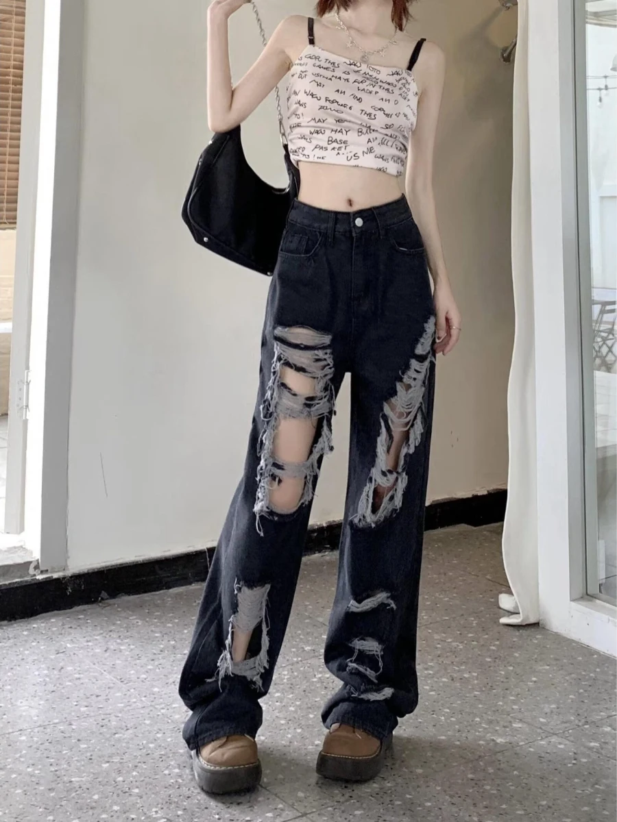 

High Waist Wide Leg Straight Cut Denim Jeans Women's Summer New Sle Hole Punching Casual Loose Fit Long Trousers
