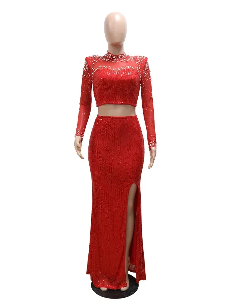 Luxury Sequins Evening Dress Set Beading Diamonds Cropped Tops High Slit Maxi Skirts 2 Piece Outfits Bodycon Party Dinner Gown