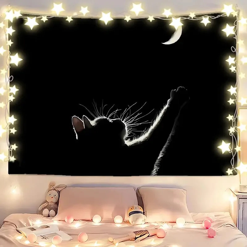 Light Luxury Black Cat Tapestry with Lamp Wall  Tapestries Bedroom Tapestry wall Blanket Bedroom Dormitory Home Renovation