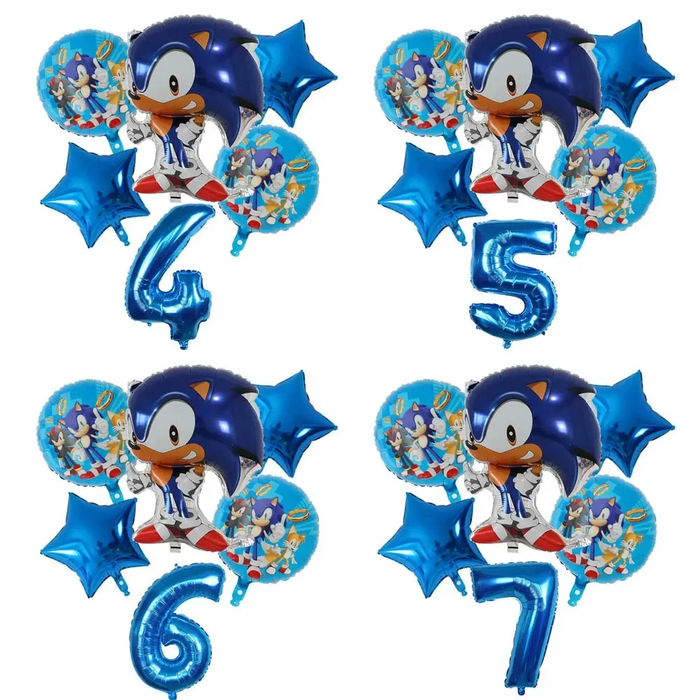 6pcs Sonik Theme Party Supplies Set Foil Globlos Star Balloons Kids Hedgehog Birthday Decorations Number Ballloons Decor Gifts