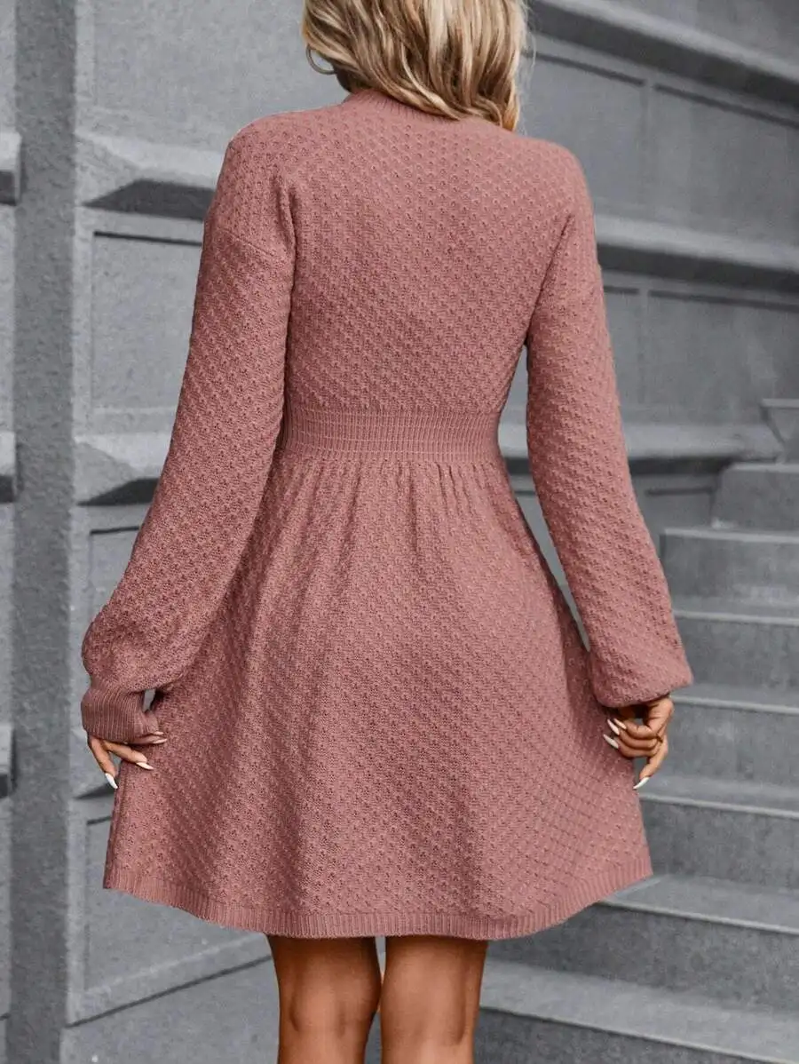 

Women’s Dusty Rose Long Sleeve Waffle Knit A-Line Dress With Gathered Waist, Casual Autumn Winter Sweater Style