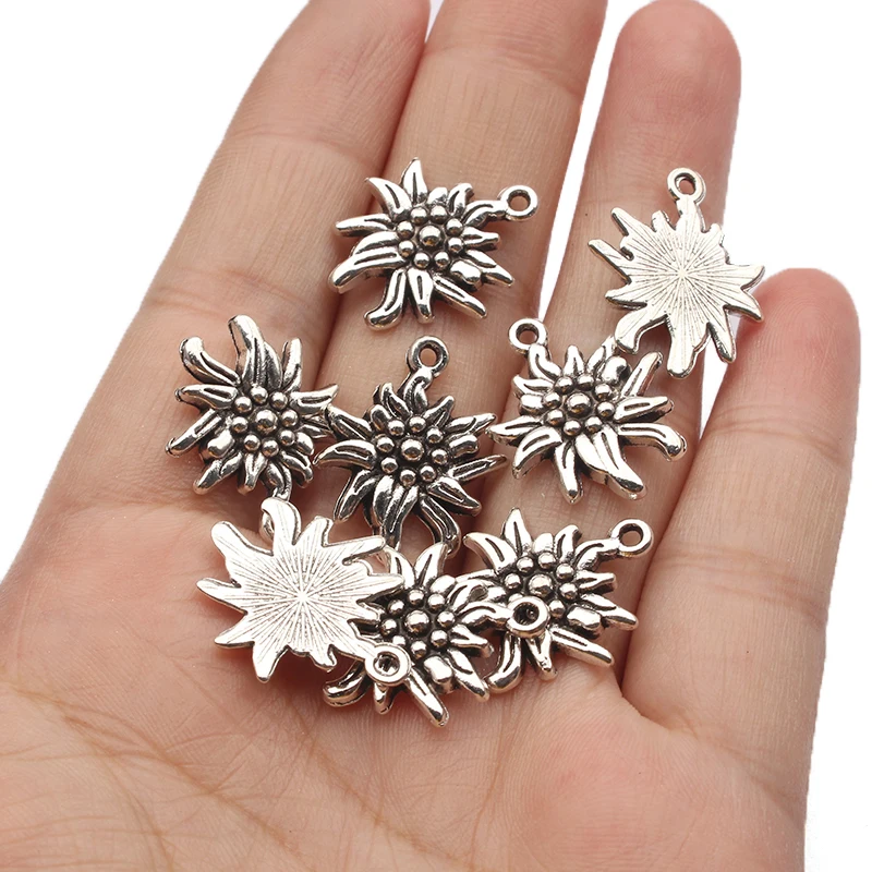 20pcs Tibetan Silver Embossed Edelweiss Flower Charm Pendant Necklace Jewelry Findings For DIY Handmade