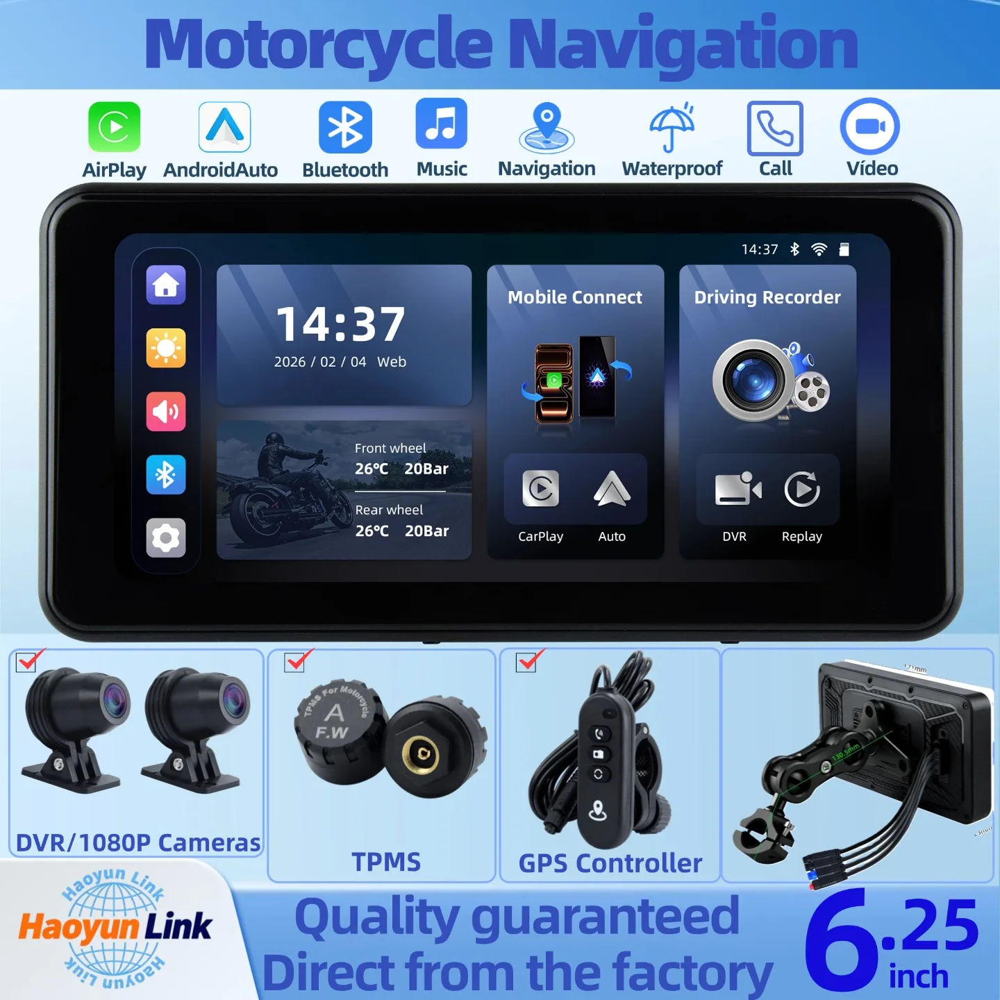 【6.25】HD Wireless Motorcycle Navigation Carplay,Belt DVR Driving Recorder,TPMS